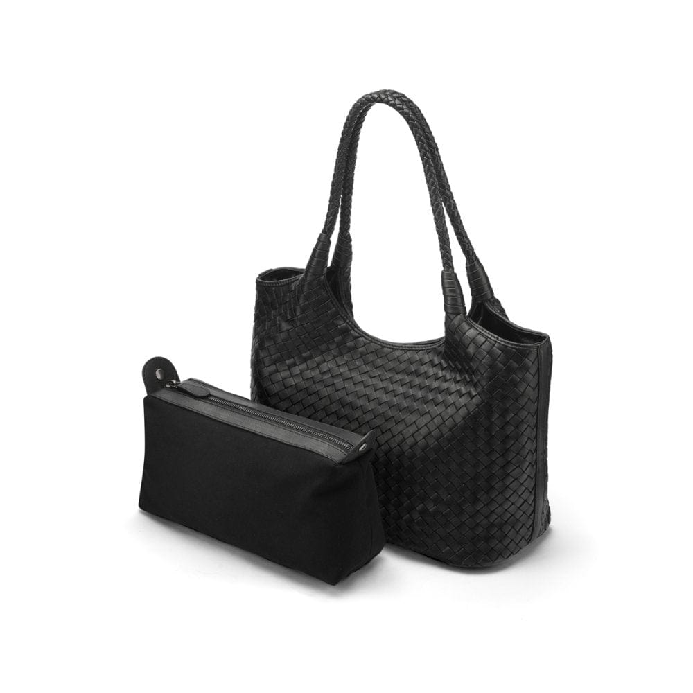 Woven leather shoulder bag, black, with detachable inner bag