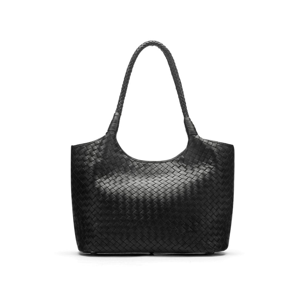Woven leather shoulder bag, black, front