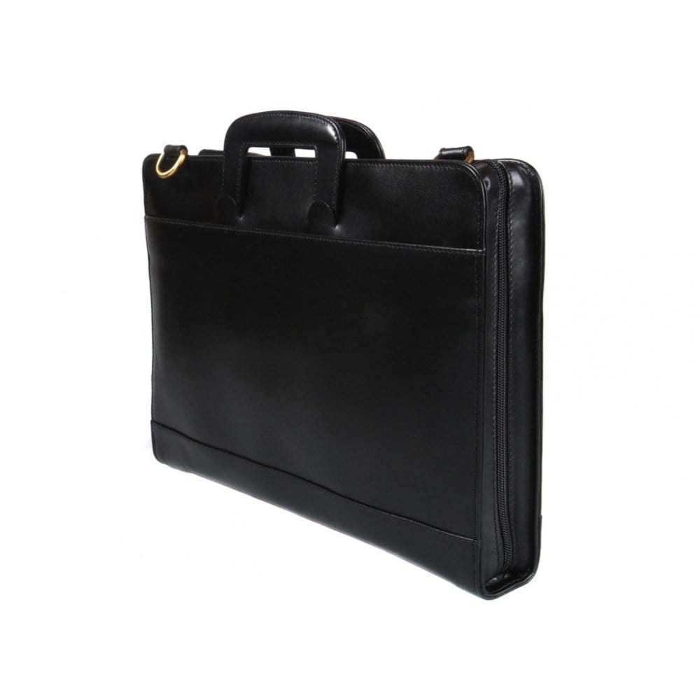 Leather briefcase with retractable handles, black, side