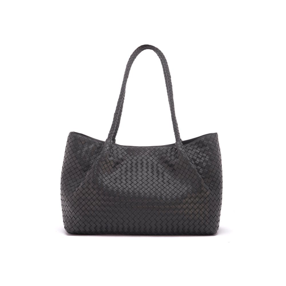 Woven leather slouchy bag, black, front view