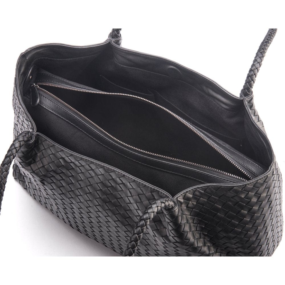 Woven leather slouchy bag, black, inside 