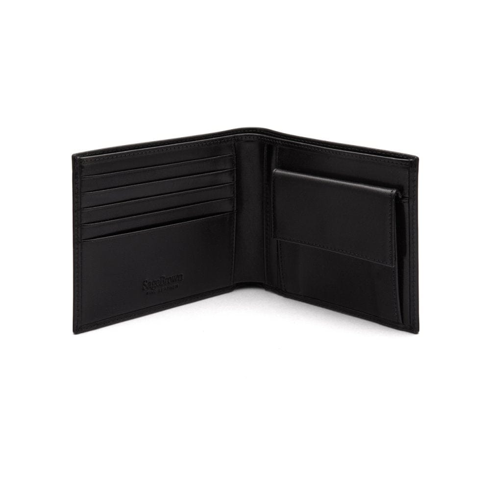 Leather wallet with coin purse, black, open
