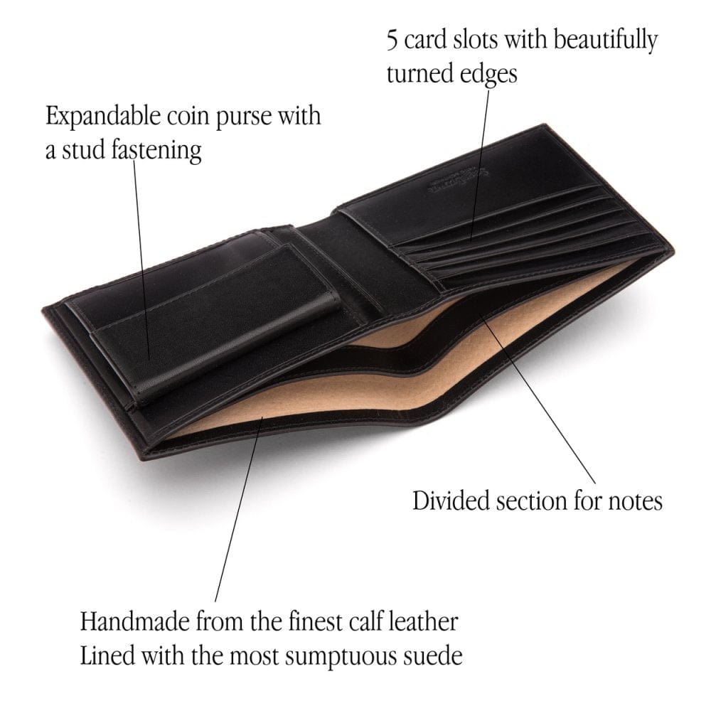 Leather wallet with coin purse, black, features
