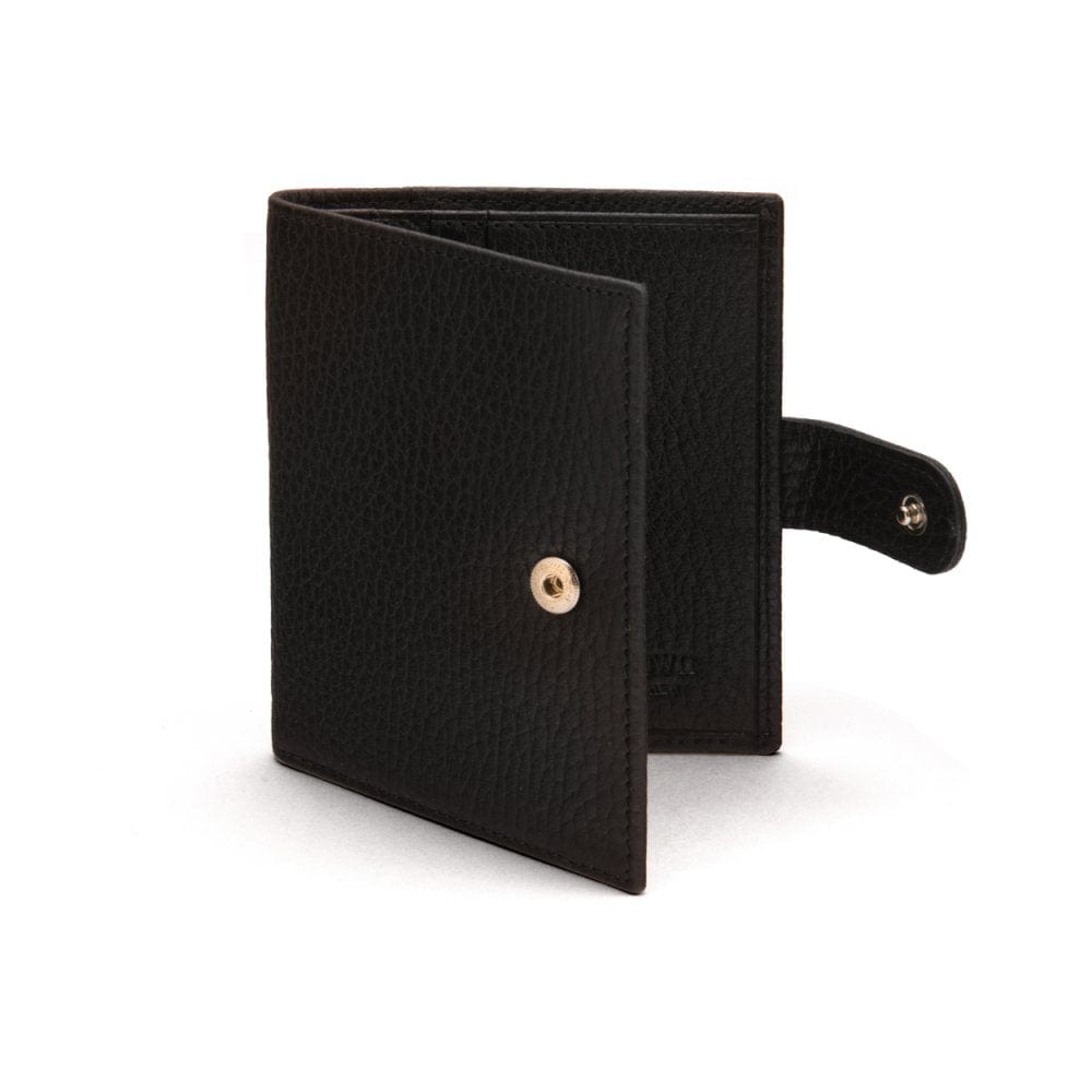Compact leather billfold wallet with tab, black, front