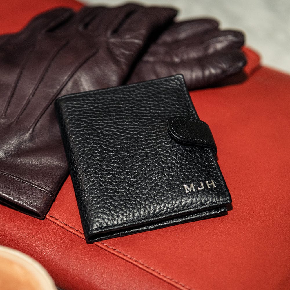 Compact leather wallet with tab, personalised black wallet