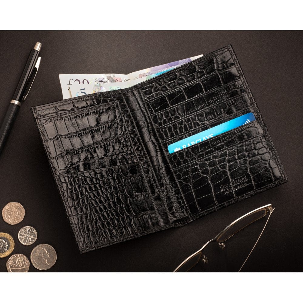 3/4 length tall bifold wallet with 6 CC, black croc, lifestyle