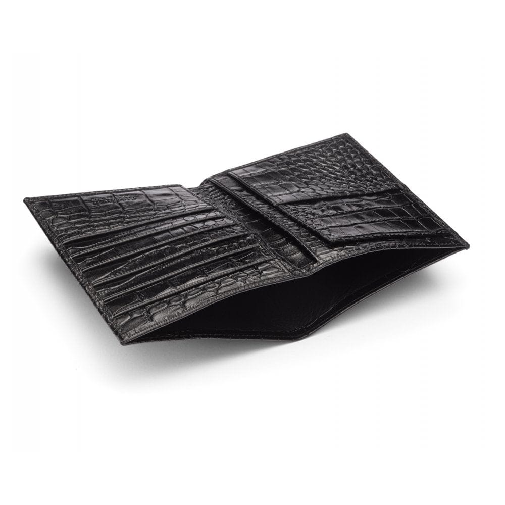 3/4 length tall bifold wallet with 6 CC, black croc, inside