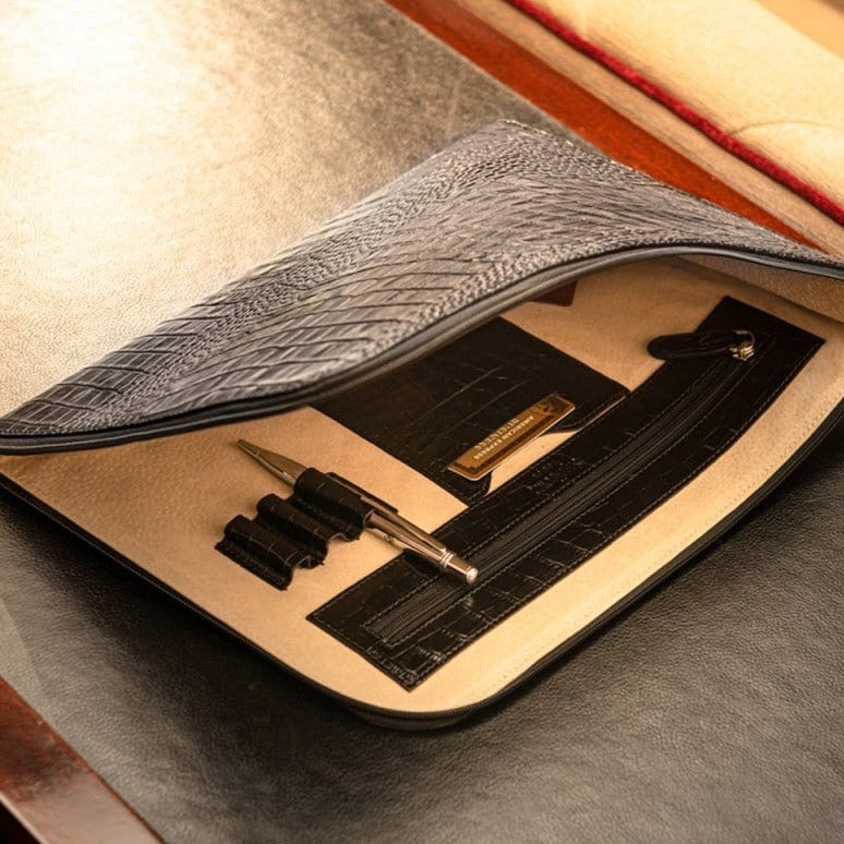 A4 zip around leather folder, black croc, lifestyle