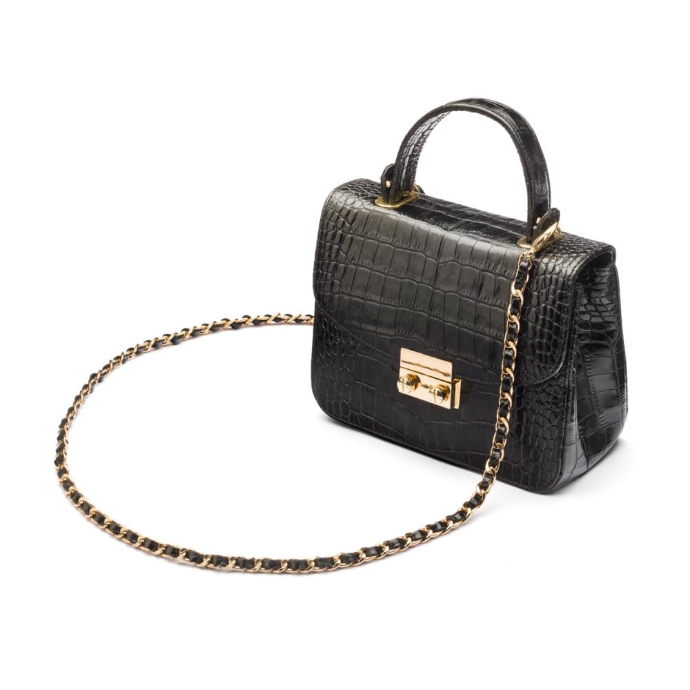 Small leather top handle bag, black croc, side