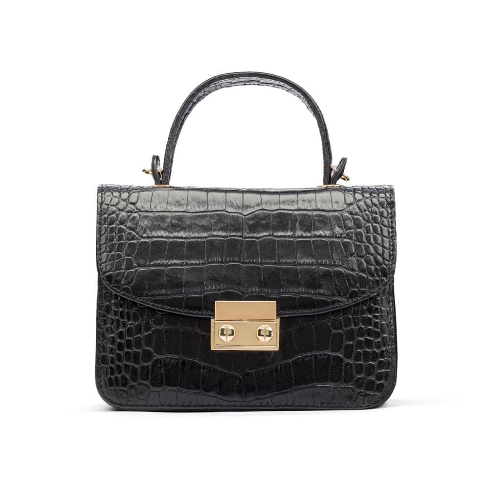 Small leather top handle bag, black croc, front