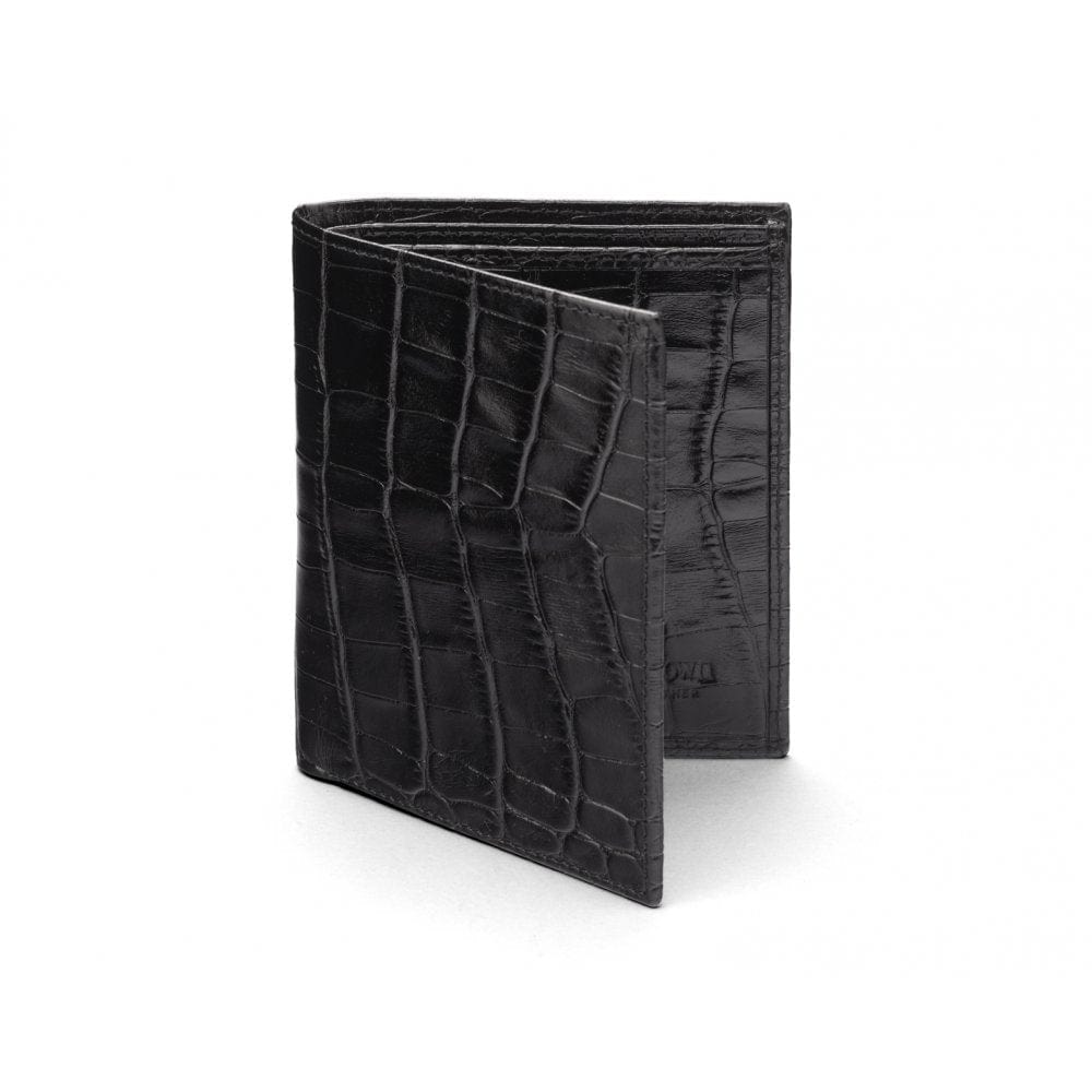Bifold leather wallet with 6 credit cards, black croc, front