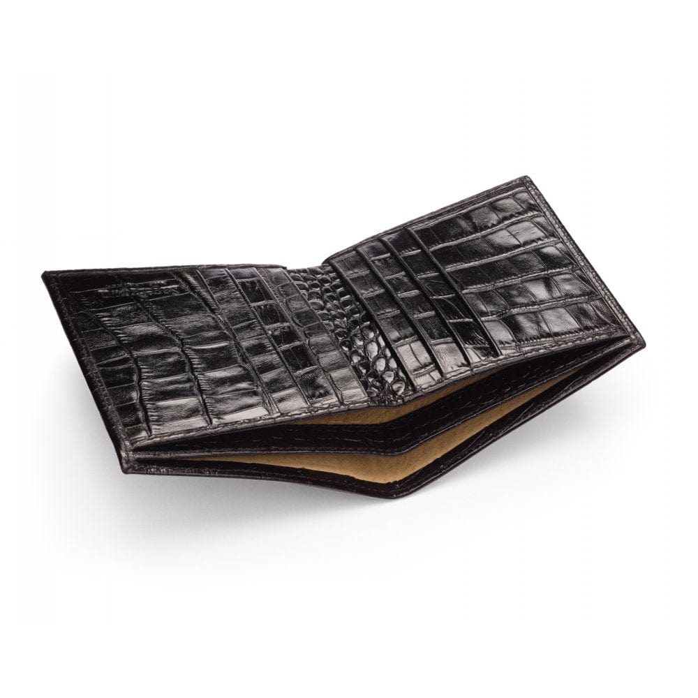 Bifold leather wallet with 6 credit cards, black croc, inside
