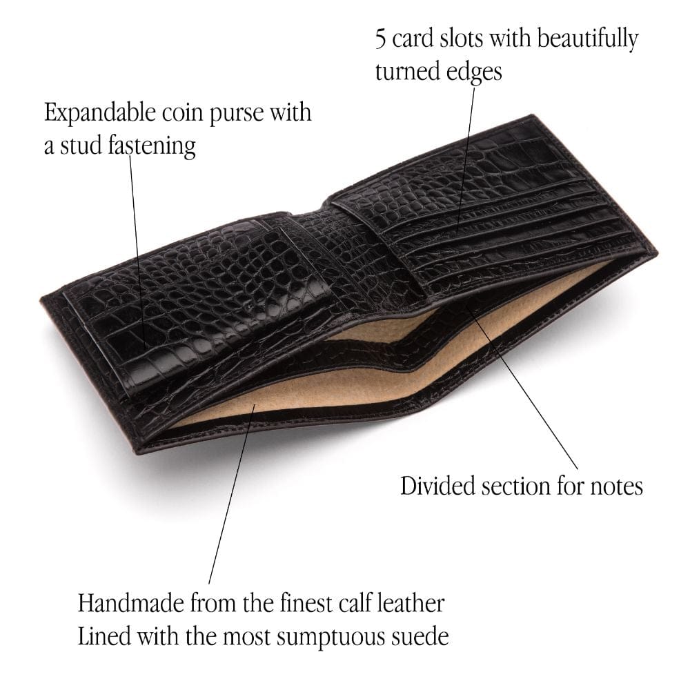 Leather wallet with coin purse, black croc, features