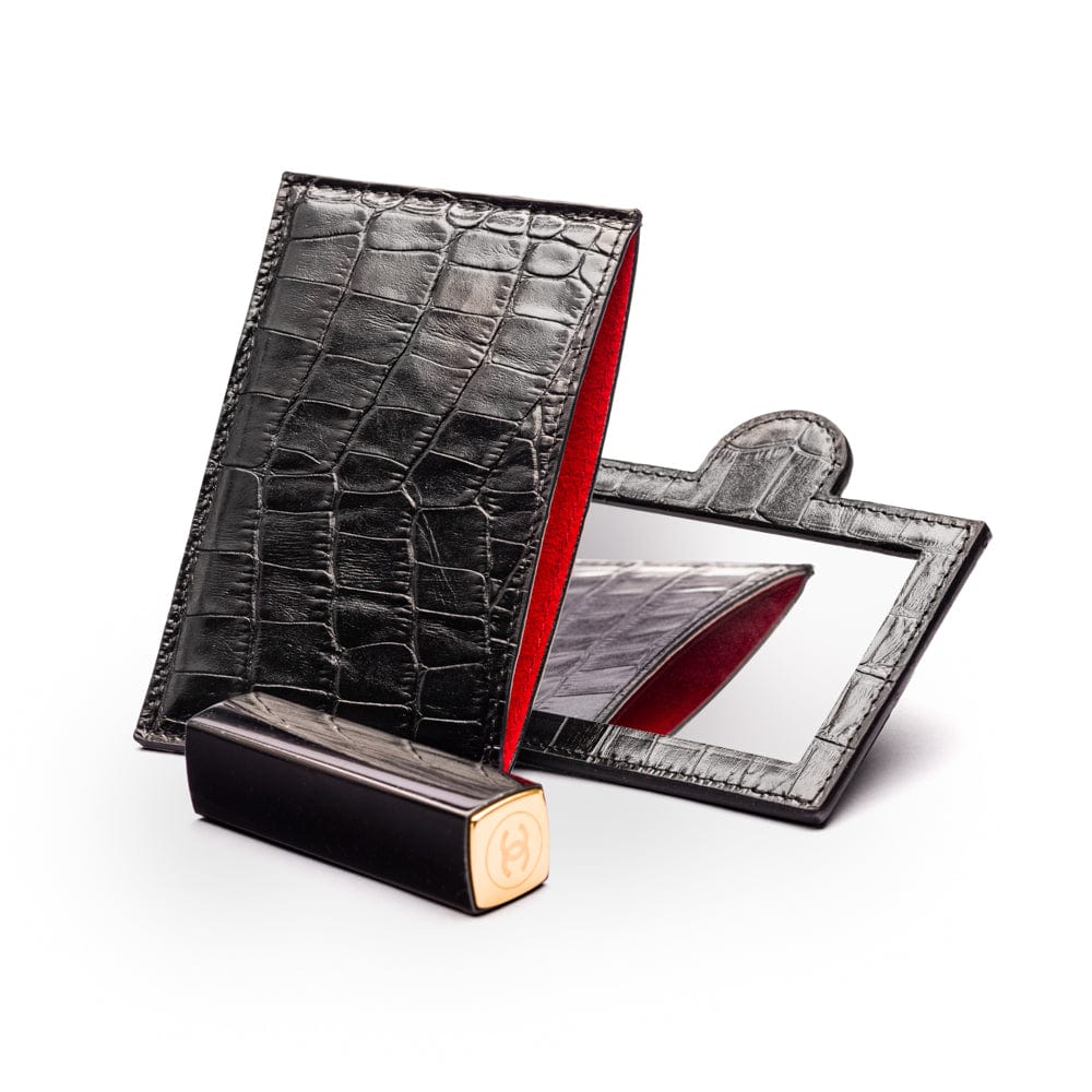 Compact leather mirror, black croc
