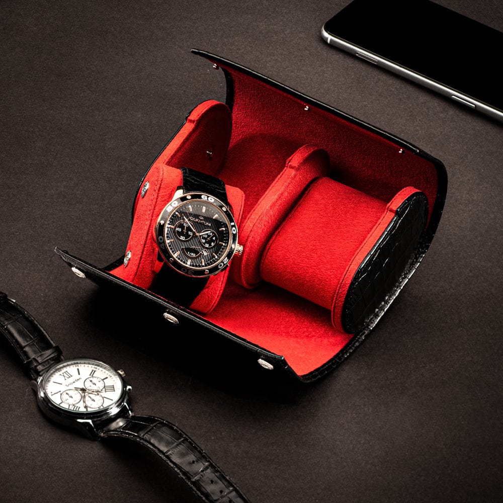Double watch roll, black croc, lifestyle