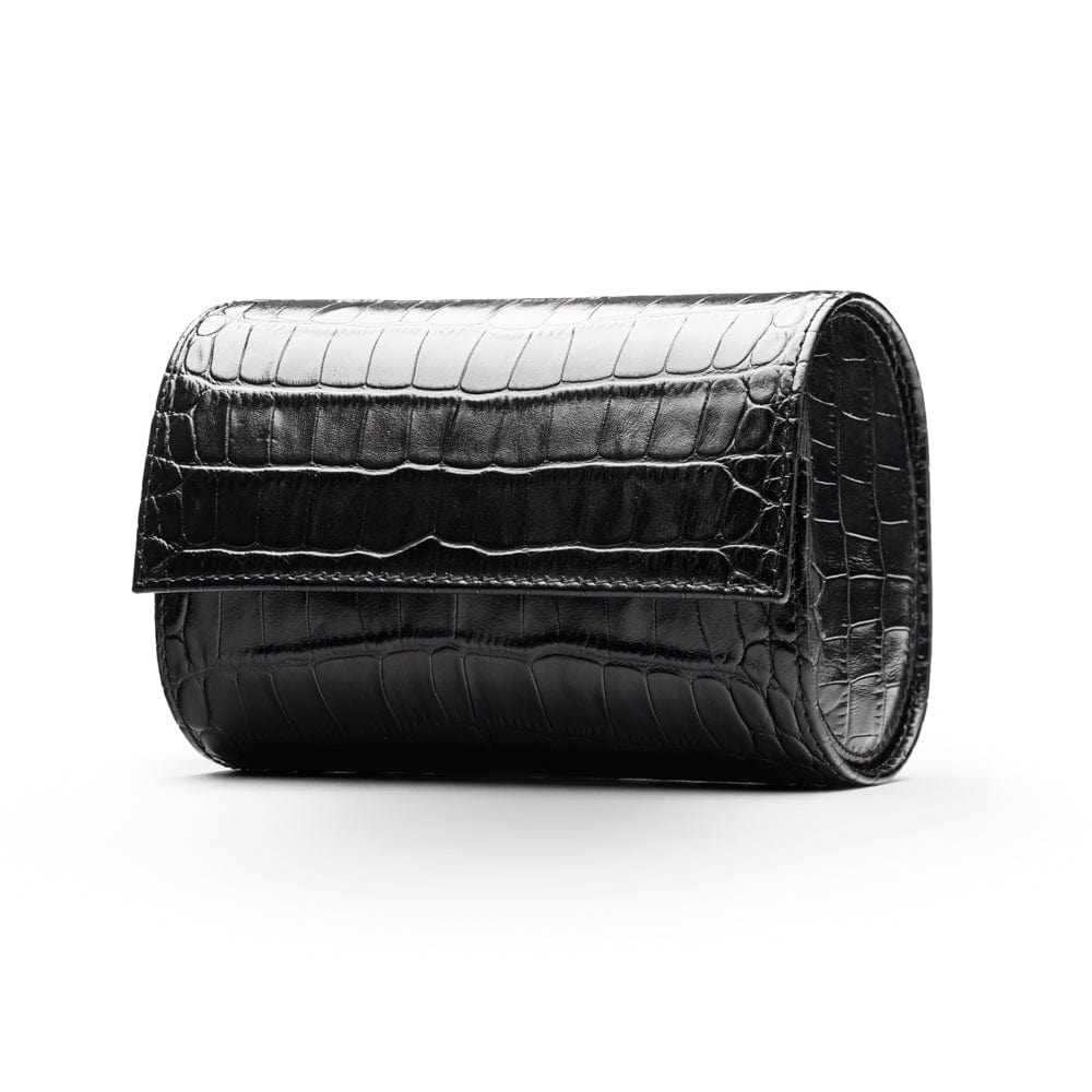 Double watch roll, black croc, front