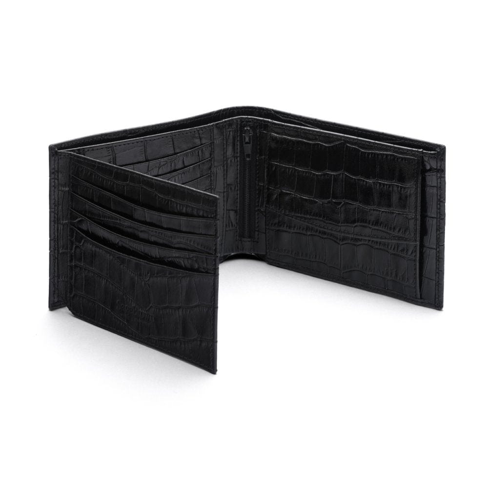Leather coin wallet, black croc, open