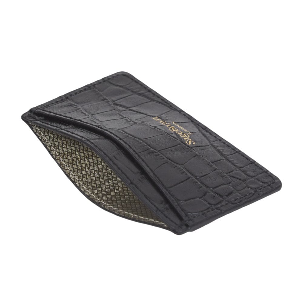 Black Croc Flat Leather Credit Card Case With RFID Blocking Lining