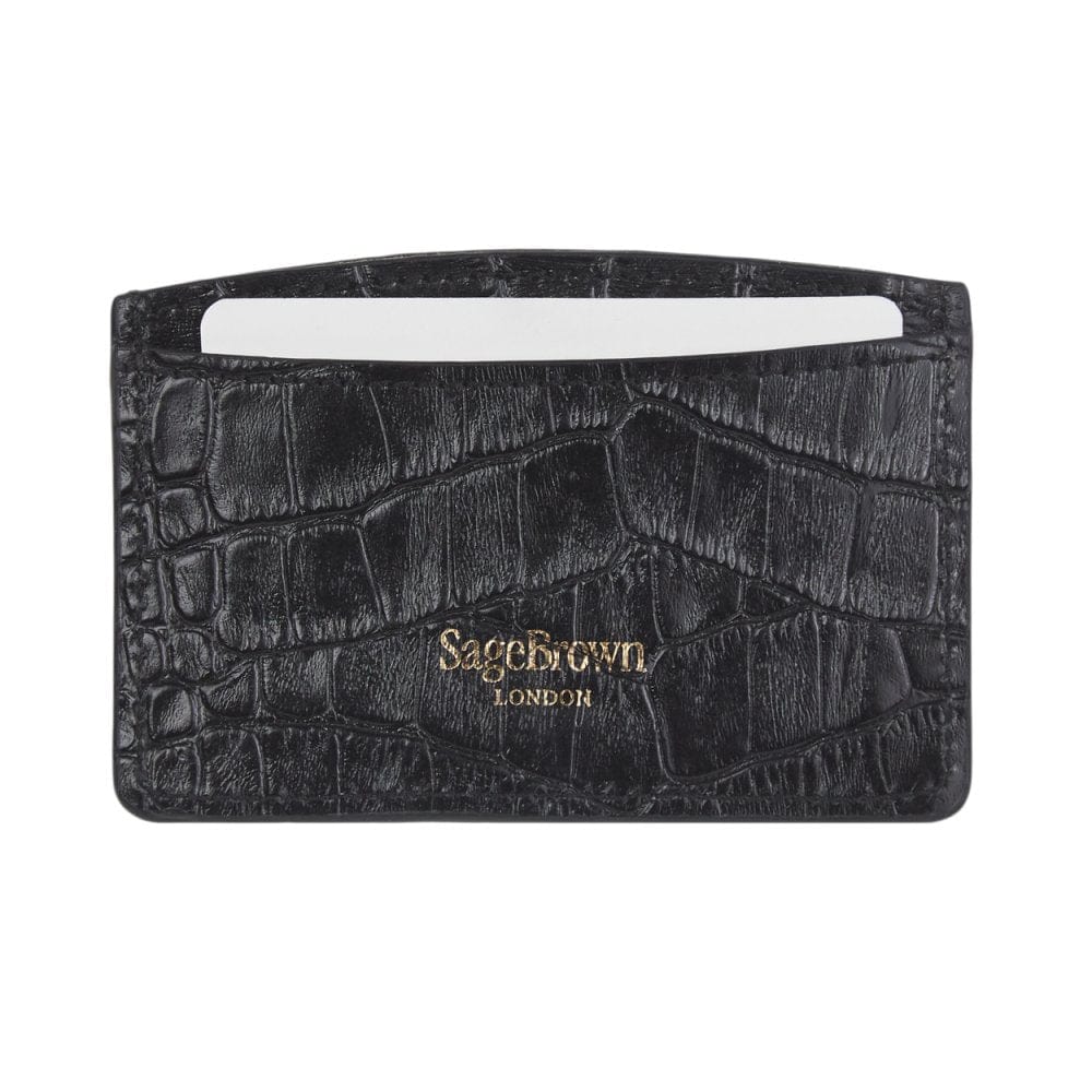 Black Croc Flat Leather Credit Card Case With RFID Blocking Lining