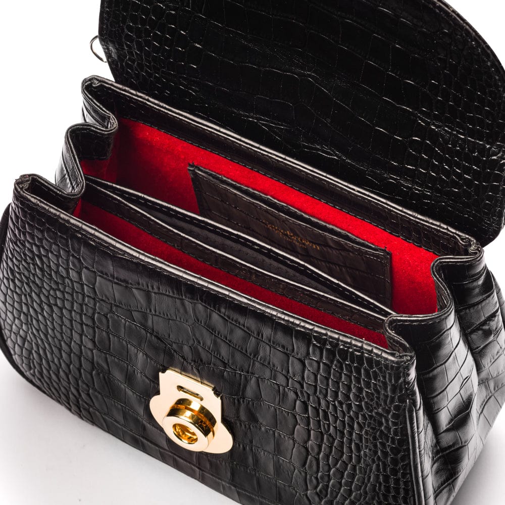 Bamboo Handle Bag, Black Croc Top Handle Bag SageBrown