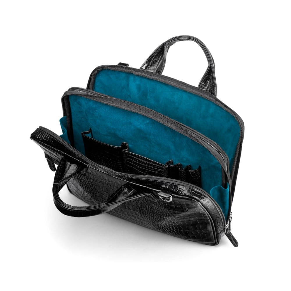 Leather 13" laptop briefcase, black croc, open