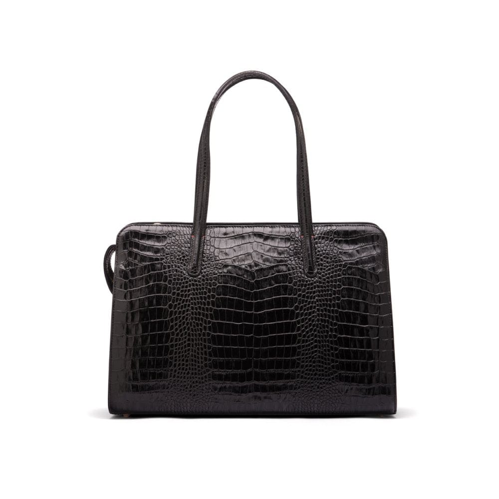 Ladies' leather 15" laptop handbag, black croc, front