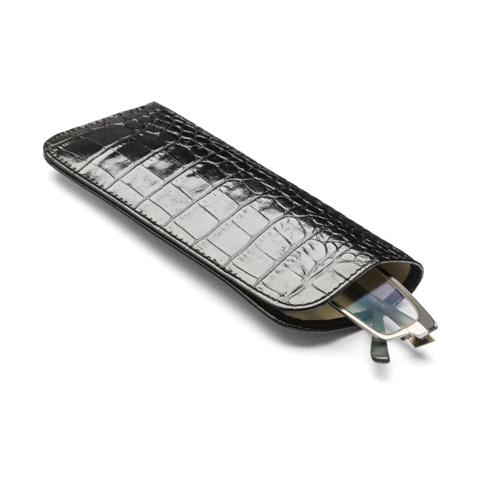 Large leather glasses case, black croc, open