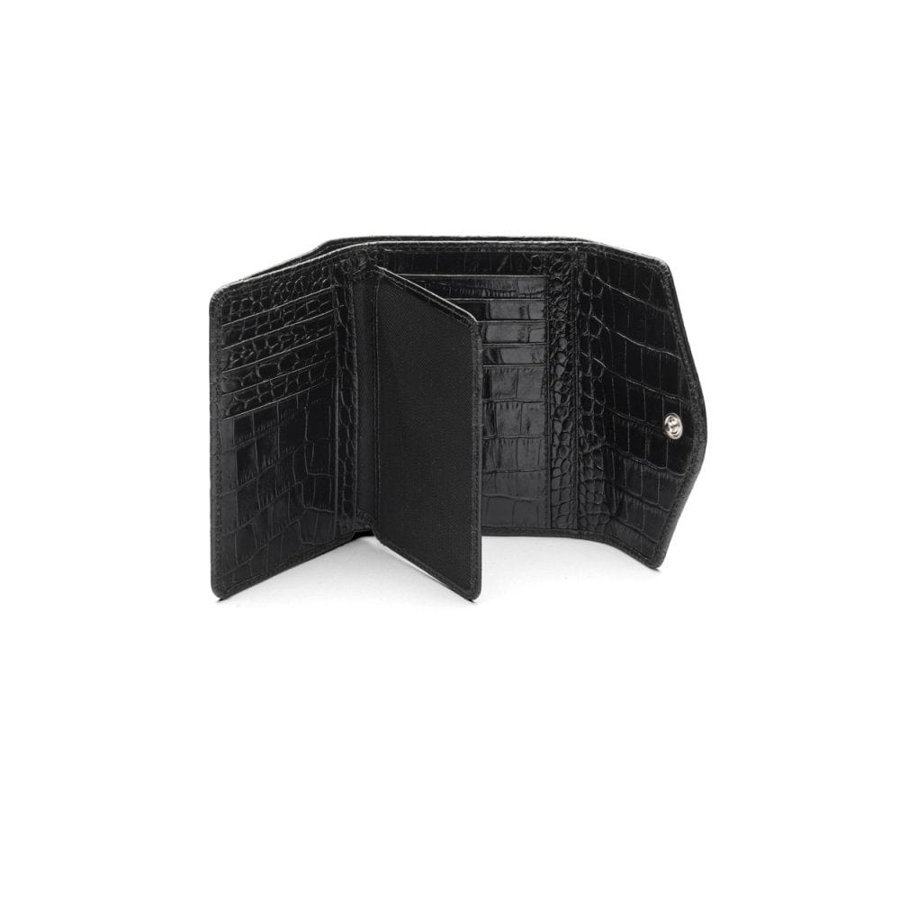 Large leather purse with 15 CC, black croc, inside