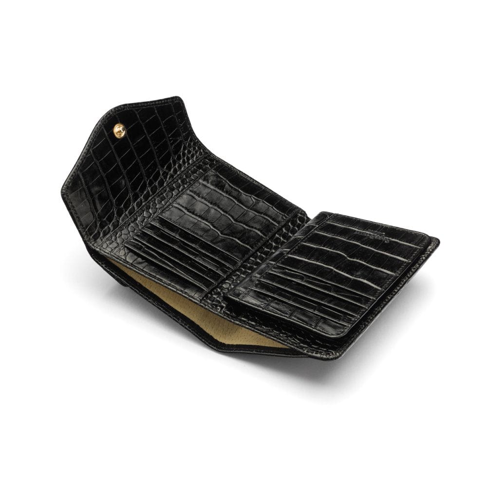 Large leather purse with 15 CC, black croc, open