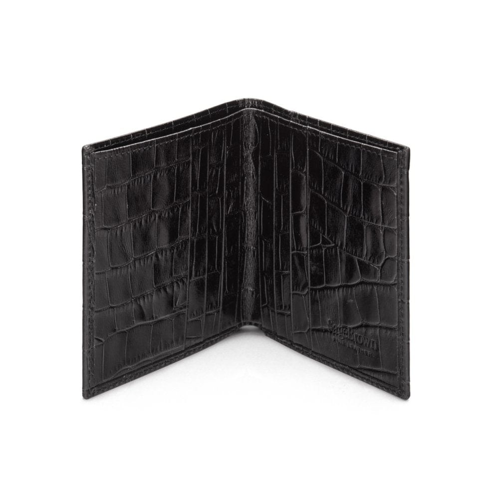 Leather compact billfold wallet 6CC, black croc, open