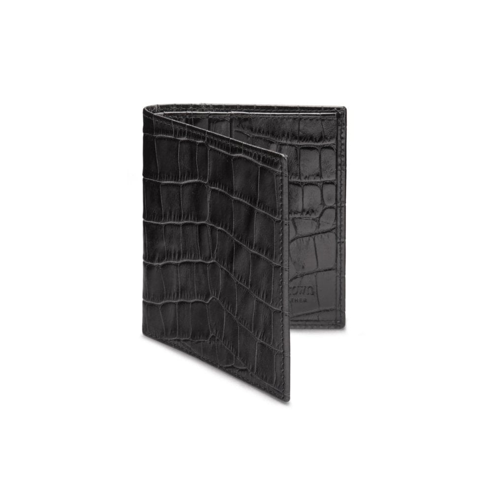 Leather compact billfold wallet 6CC, black croc, front