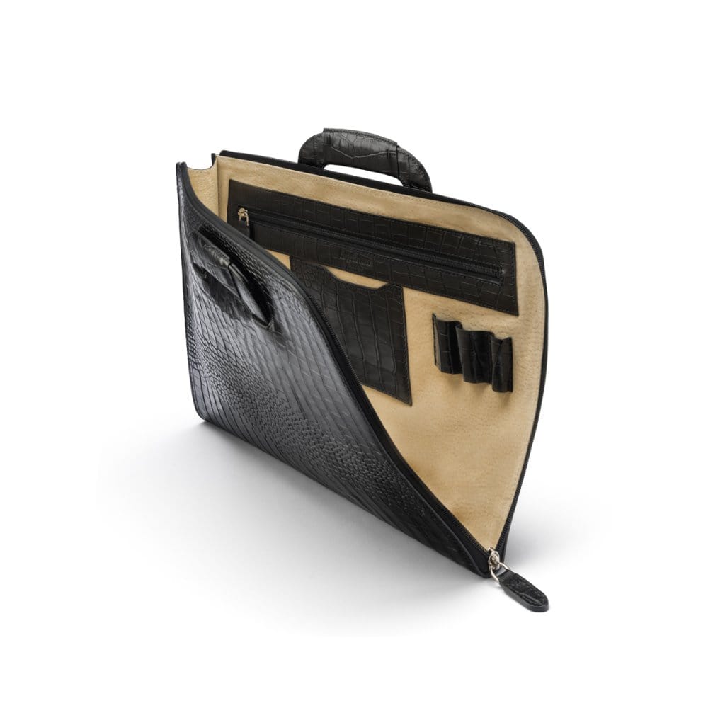 Leather document case with retractable handles, black croc, inside