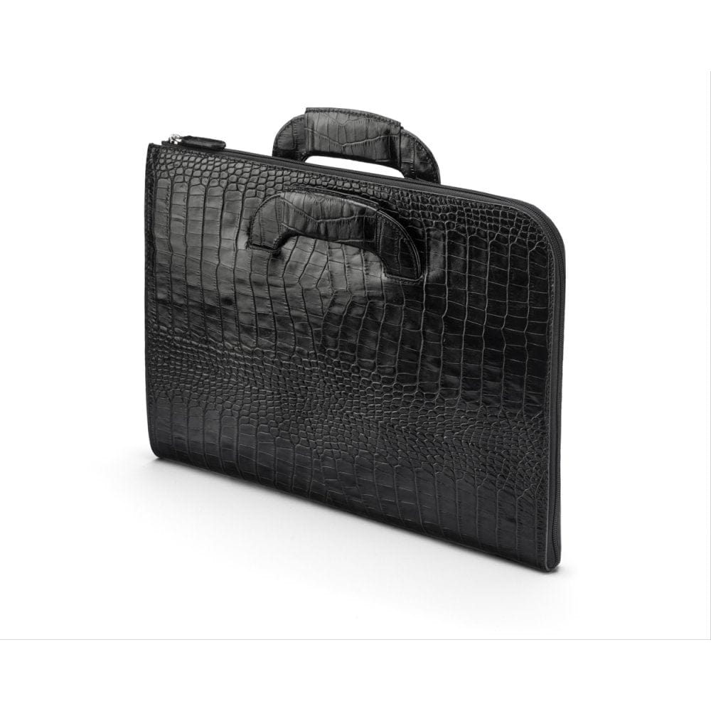 Leather document case with retractable handles, black croc, side
