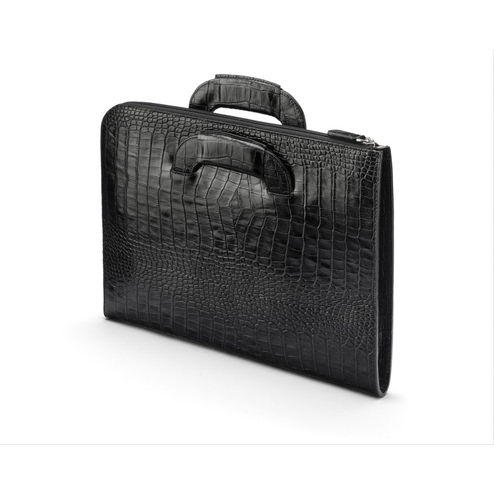 Leather document case with retractable handles, black croc, back