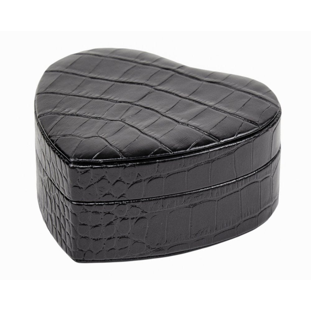 Leather heart shaped jewellery box, black croc, side