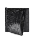 Leather money clip wallet with coin purse, black croc, front