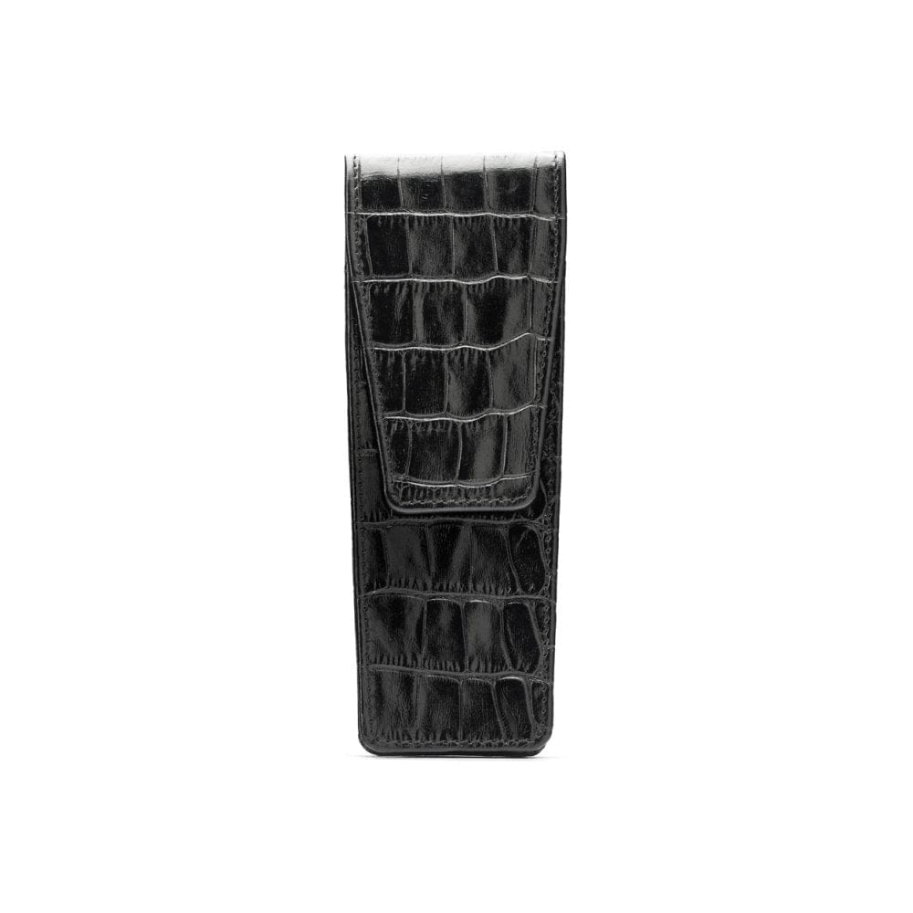 Leather pen case, black croc, front