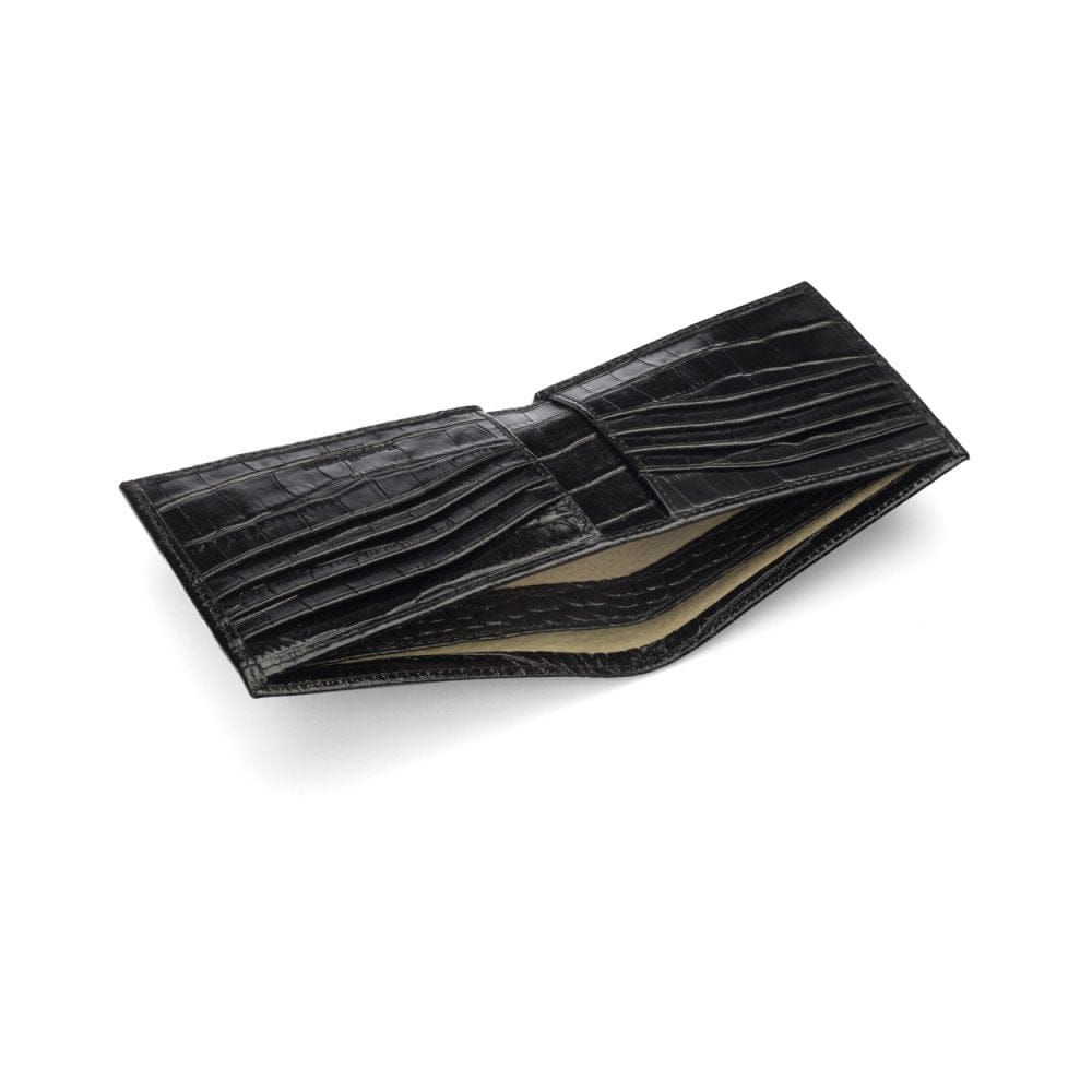 Black Croc Compact Leather Billfold Wallet With RFID Protection