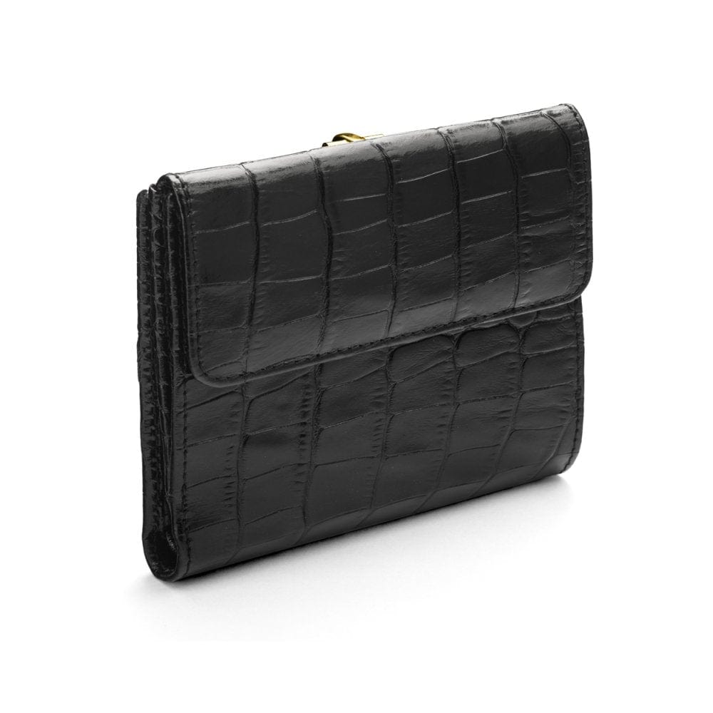 Leather purse with brass clasp, black croc, back