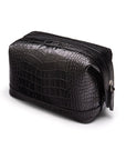 Leather wash bag, black croc, side view