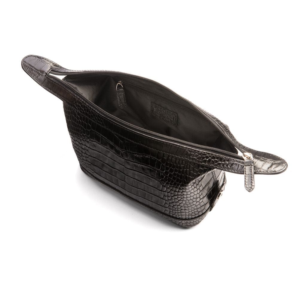 Leather wash bag, black croc,  inside view
