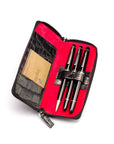 Leather zip around triple pen case, black croc, inside view