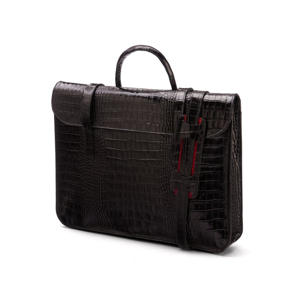 Leather music bag, black croc, side view