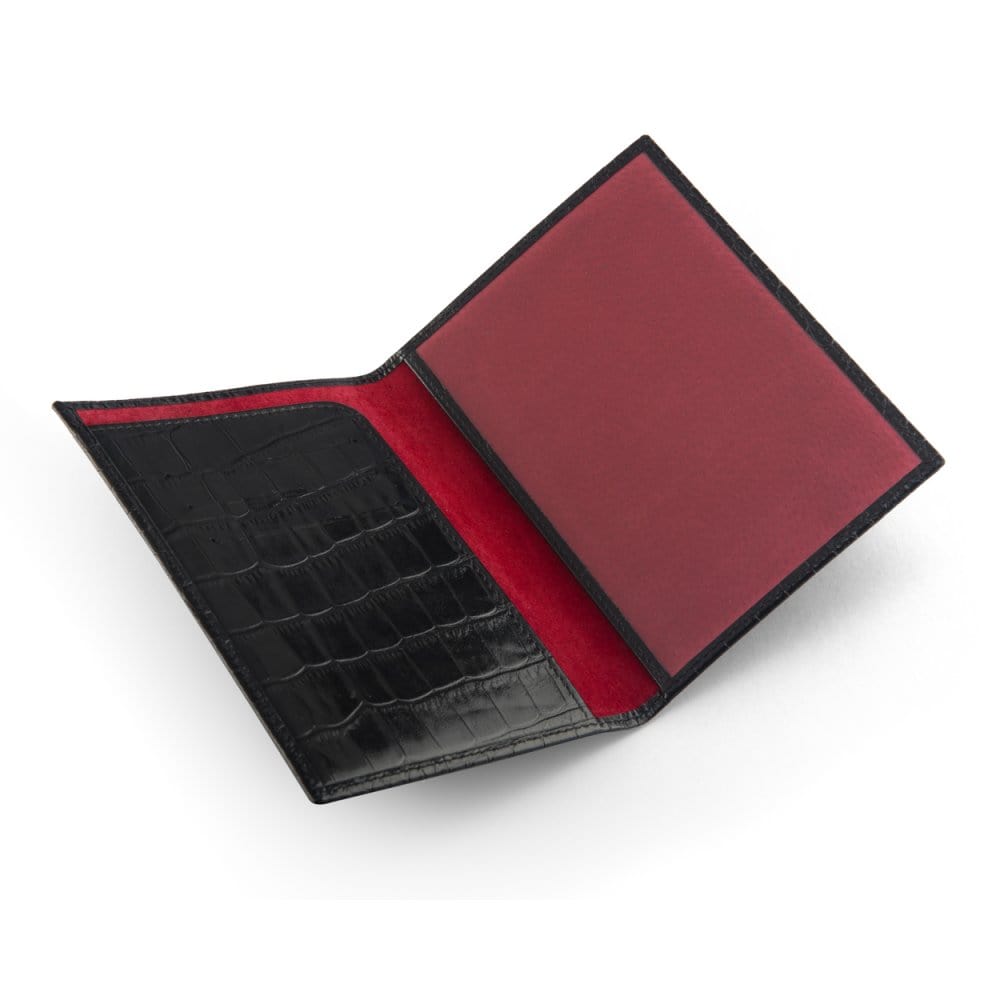 Luxury leather passport cover, black croc, open