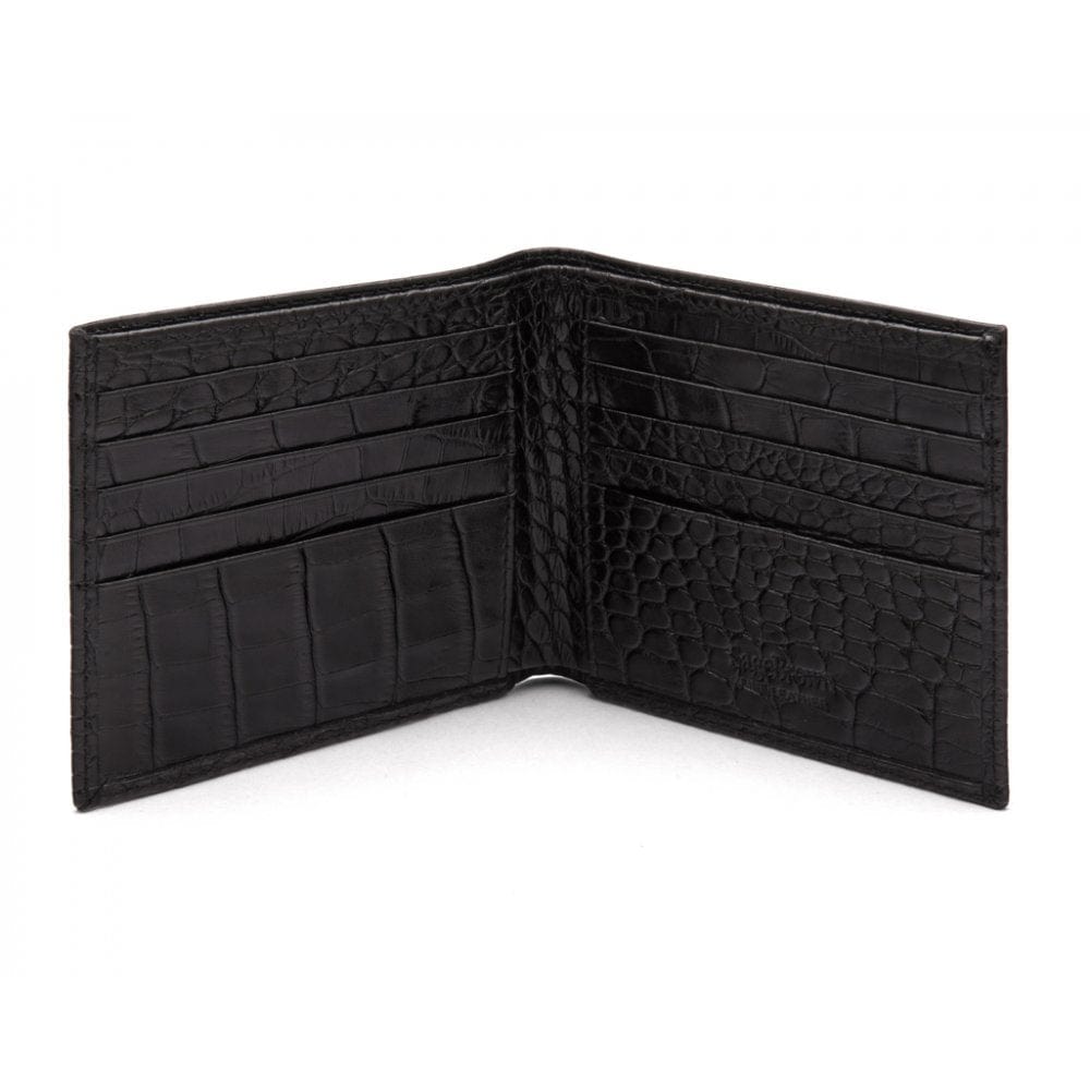 Men's leather billfold wallet, black croc, open