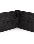 Men's leather billfold wallet, black croc, open