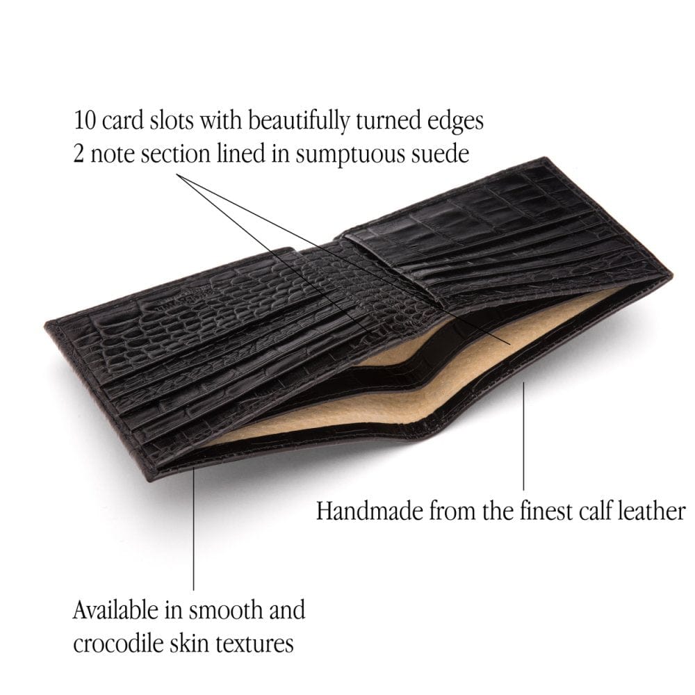 Men's leather billfold wallet, black croc, features