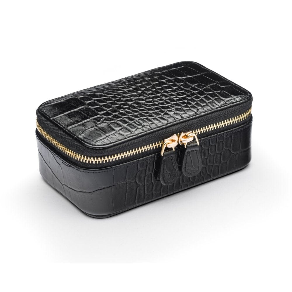 Zip around jewellery case, black croc, front