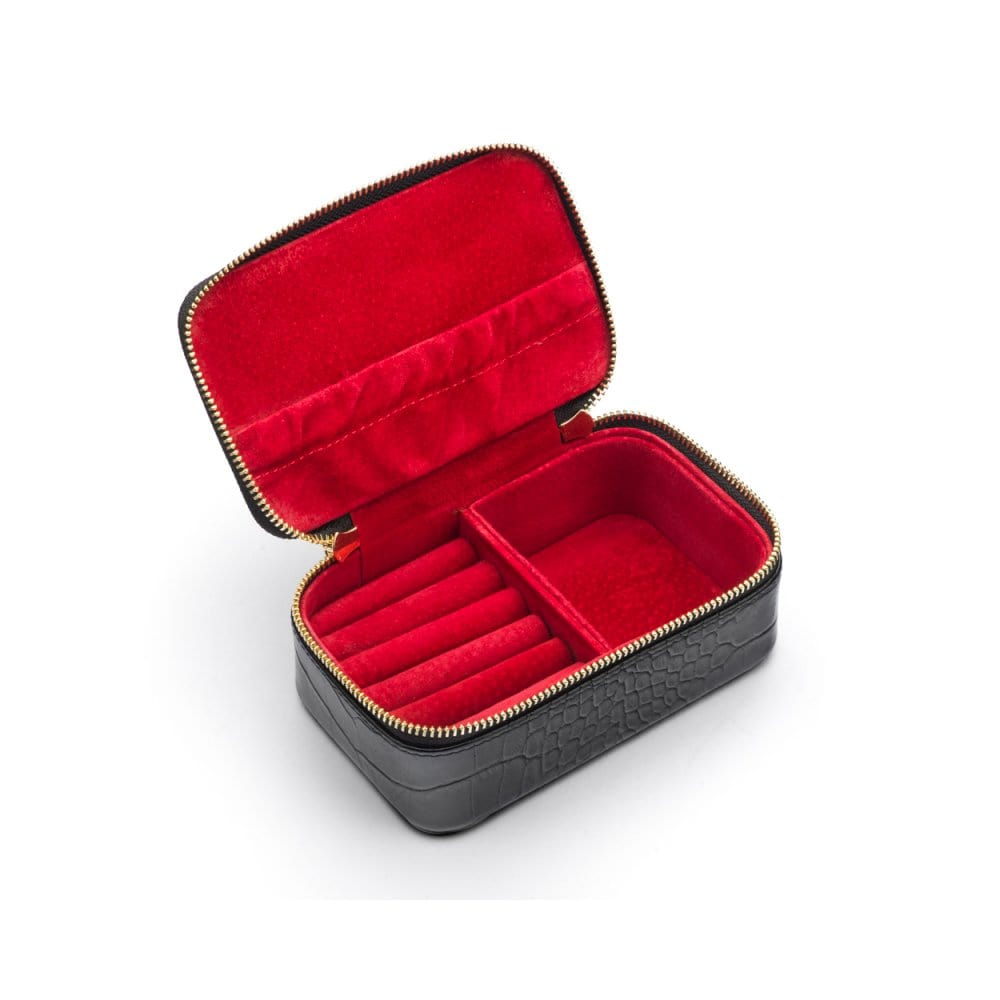Zip around jewellery case, black croc, open