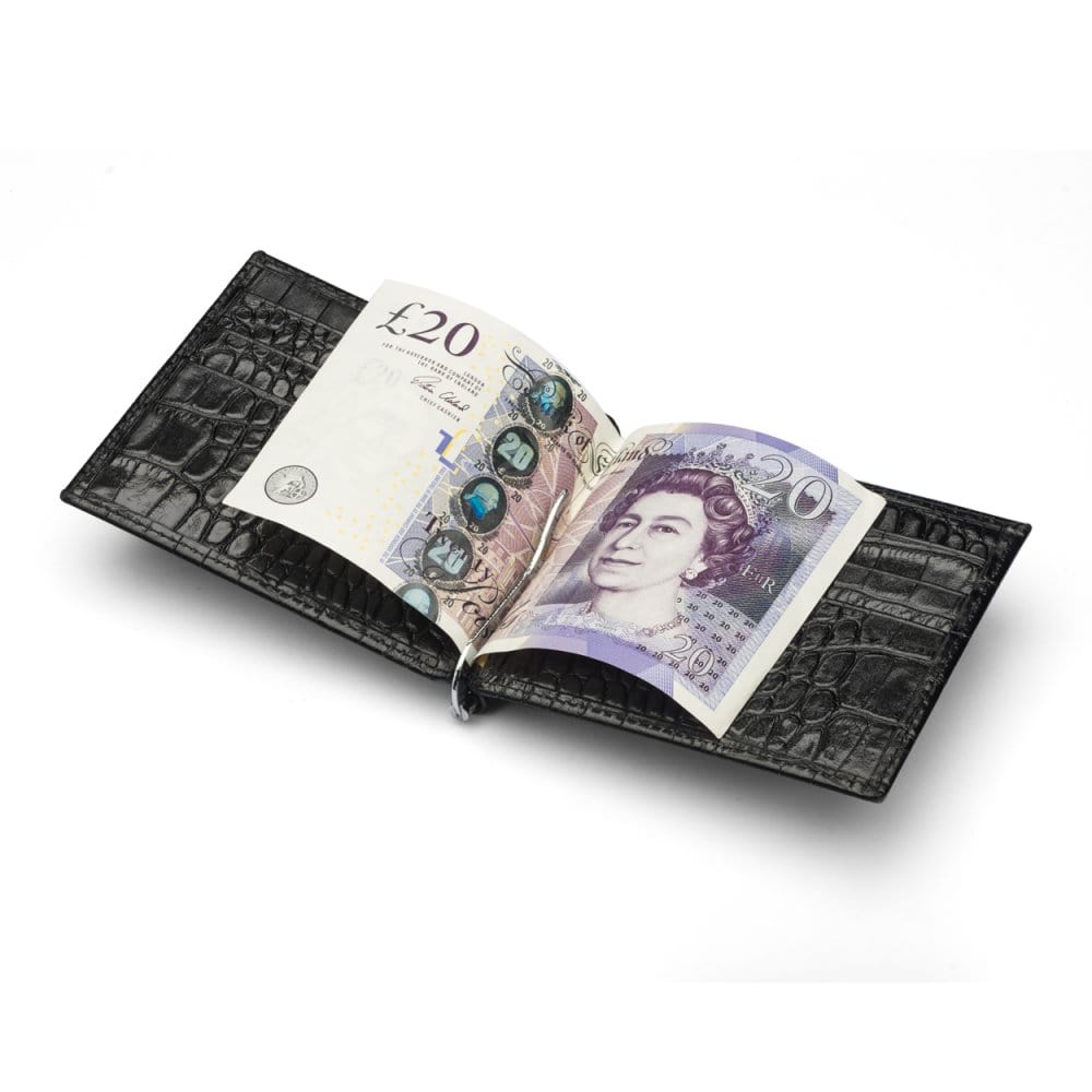 Black Croc Compact Leather Wallet With Money Clip